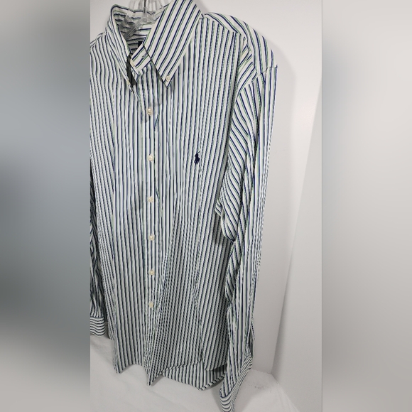 VTG Polo Ralph Lauren Custom Fit Shirt Mens 16 1/2 33/35 Striped Green White Blu - Picture 2 of 13